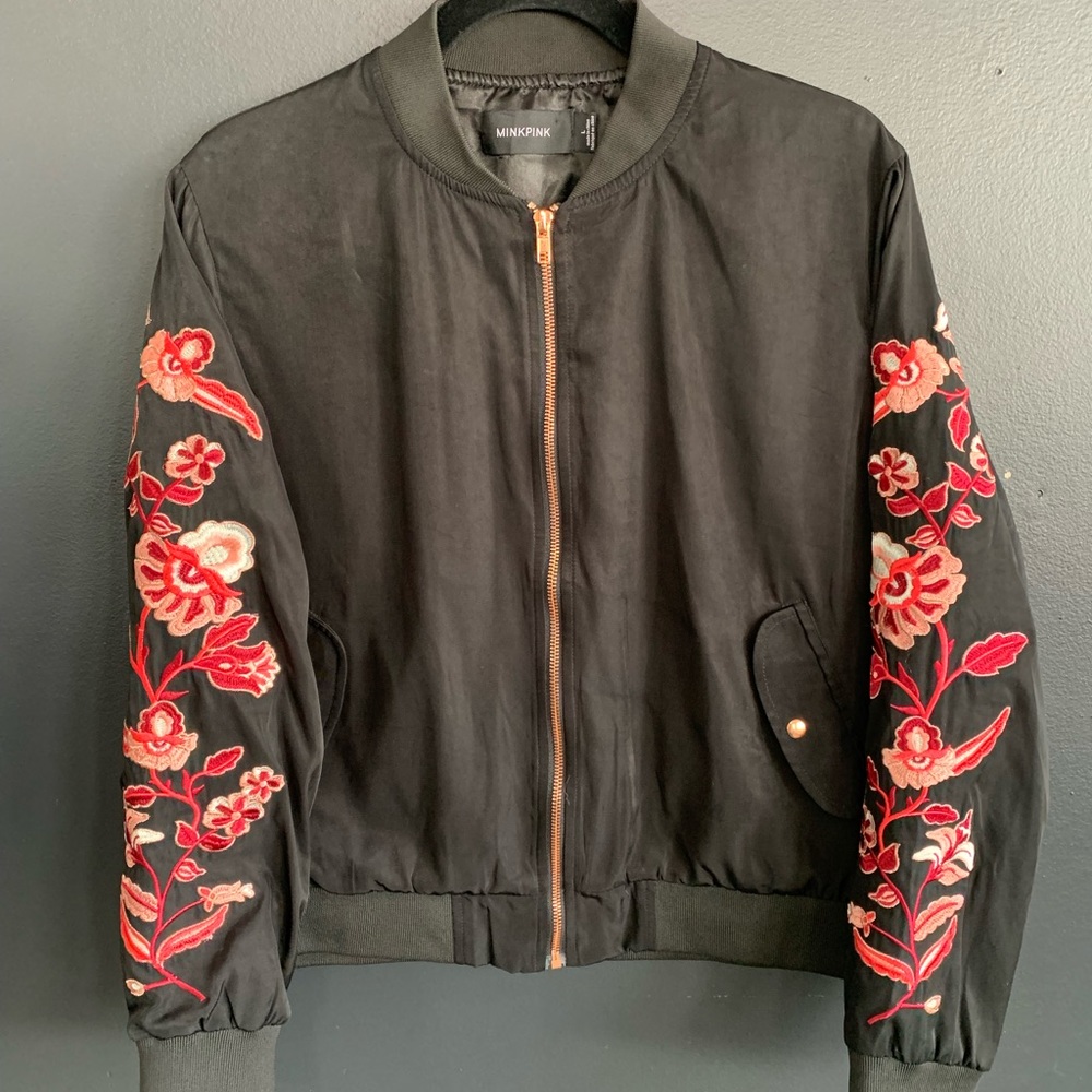MINKPINK satin embroidered bomber jacket SZ L